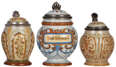 Three Mettlach steins, .25L, 1917, mosaic, inlaid lid, owner I.D. on pewter, mint; with, .5L, 1744, mosaic, inlaid lid, mint; with, .25L, 1801, mosaic, inlaid lid, mint.