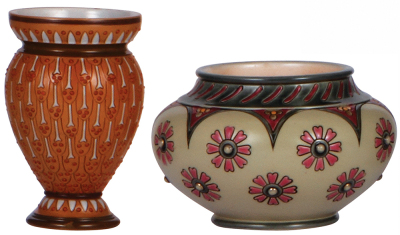 Two Mettlach vases, 4.1" ht., 1579, mosaic, mint; with, vase, 3.1" ht., 1981, mosaic, mint.