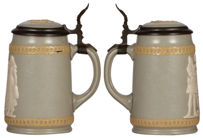 Four Mettlach steins, .25L, 3507, relief, marked Wekara, relief pewter lid; München, pewter strap repaired; with, 1/8L, 4.0" ht., 3507, relief, marked Wekara, relief pewter lid: München, mint; with, .5L, 2931 & 2358, relief, inlaid lids, both mint. - 4