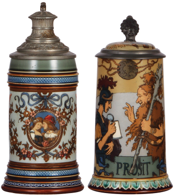 Two Mettlach steins, .5L, 2006, etched, by Hein, original pewter lid, owner I.D. & dent on lid, body mint; with, .5L, 2100, etched, by H. Schlitt, inlaid lid, mint.