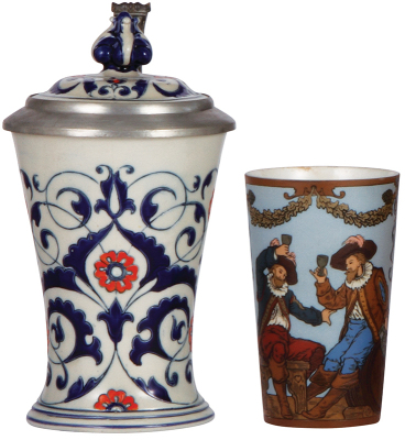 Mettlach stein & beaker, .7L, 1062, mosaic, inlaid lid, good base chip repair; with, beaker, .25L, 3325, etched, mint.