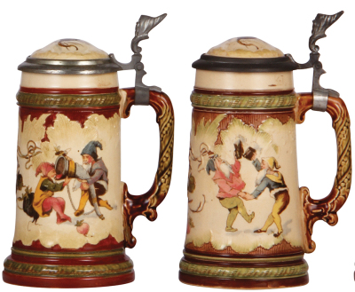 Two Mettlach steins, .3L, 966[2184] & 967[2184], PUG, inlaid lids, both mint. 