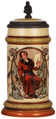 Mettlach stein, .5L, 582 [1530], PUG, by R. Buch 1886, inlaid lid, interior browning, otherwise mint.