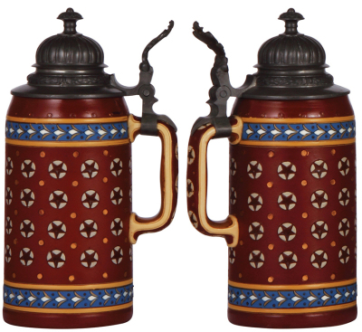 Two Mettlach steins, 1.0L, 1893, etched, pewter lid, mint; with, .5L, 1909, marked Bavaria, transfer, pewter lid, crude inscription on lid, body mint. - 2