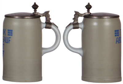 Two Mettlach steins, 1.0L, 1893, etched, pewter lid, mint; with, .5L, 1909, marked Bavaria, transfer, pewter lid, crude inscription on lid, body mint. - 3