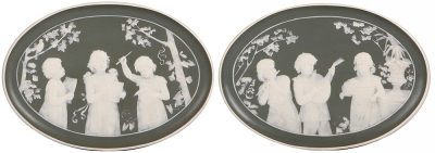 Pair Mettlach plaques, 10.5'' x 7.4'', 2444 & 2445, cameo, mint.