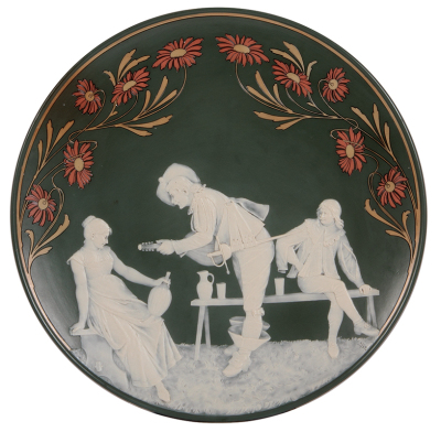 Mettlach plaque, 17.5'' d., 2795, cameo & etched, by Stahl, mint.