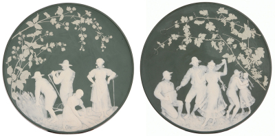 Pair Mettlach plaques, 17.4'' d., 7036 & 7037, phanolith & etched, mint.