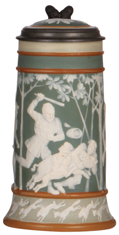Mettlach stein, 1.0L, 2530, cameo, inlaid lid, good repair of a small chip.