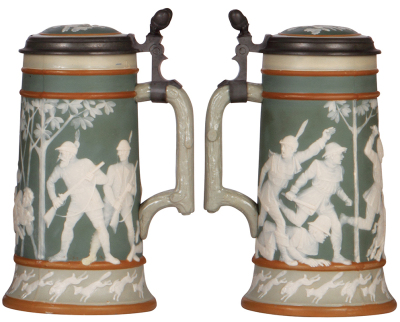 Mettlach stein, 1.0L, 2530, cameo, inlaid lid, good repair of a small chip. - 2