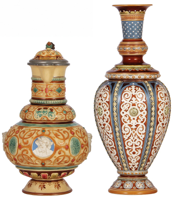 Mettlach stein & vase, 4.6L, 15.9" ht., 1147, relief & mosaic, inlaid lid, a couple of small flakes on relief, lid cracks re-attached, not a complete repair; with, vase, 14.5" ht., 1256, mosaic, mint.