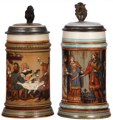 Two Mettlach steins, .5L, 2532, etched, inlaid lid, missing center hinge ring, otherwise mint; with, .5L, 2402, etched, inlaid lid, handle breaks repaired.