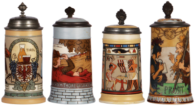 Four Mettlach steins, .5L, 3143, etched, replaced pewter lid, body mint; with, .5L, 2833A, etched, inlaid lid, mint; with, .5L, 2583, etched, inlaid lid, 1" line in base, missing center hinge ring; with, .5L 2100, etched, by H. Schlitt, inlaid lid, repair