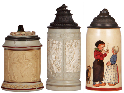 Three Mettlach steins, .5L, 328, relief, early ware, inlaid lid, flake on base, pewter tear at rear of lid; with .5L, 24, relief, earlyware, pewter lid, mint; with, .5L, 1236 [1909], PUG, pewter lid, some glaze browning, otherwise mint.