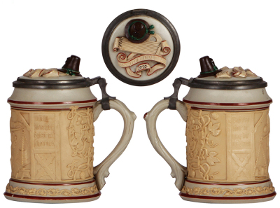 Three Mettlach steins, .5L, 328, relief, early ware, inlaid lid, flake on base, pewter tear at rear of lid; with .5L, 24, relief, earlyware, pewter lid, mint; with, .5L, 1236 [1909], PUG, pewter lid, some glaze browning, otherwise mint. - 2