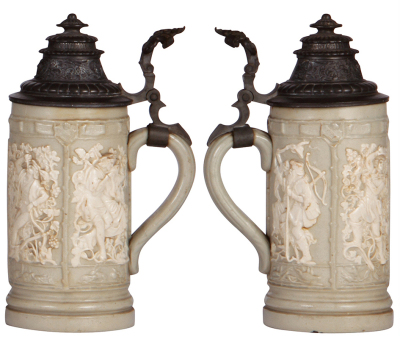 Three Mettlach steins, .5L, 328, relief, early ware, inlaid lid, flake on base, pewter tear at rear of lid; with .5L, 24, relief, earlyware, pewter lid, mint; with, .5L, 1236 [1909], PUG, pewter lid, some glaze browning, otherwise mint. - 3