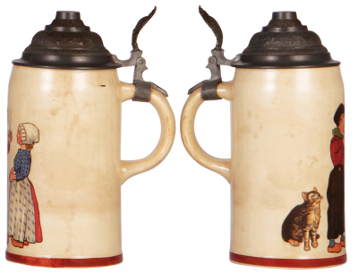 Three Mettlach steins, .5L, 328, relief, early ware, inlaid lid, flake on base, pewter tear at rear of lid; with .5L, 24, relief, earlyware, pewter lid, mint; with, .5L, 1236 [1909], PUG, pewter lid, some glaze browning, otherwise mint. - 4