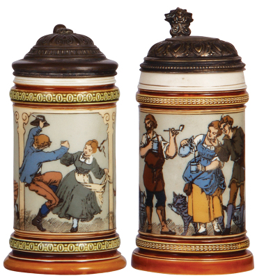 Two Mettlach steins, .5L, 1162, etched, silver-plated lid is worn, 3'' hairline; with, .5L, 1164, etched, silver lid, mint.