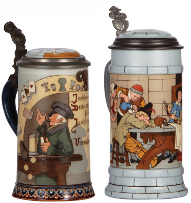 Two Mettlach steins, .5L, 2090, etched, by H. Schlitt, inlaid lid, small dent on pewter rim, body mint; with, .5L, 2880, etched, by F. Quidenus, inlaid lid, mint.