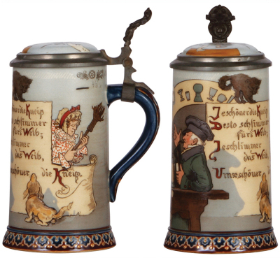 Two Mettlach steins, .5L, 2090, etched, by H. Schlitt, inlaid lid, small dent on pewter rim, body mint; with, .5L, 2880, etched, by F. Quidenus, inlaid lid, mint. - 2