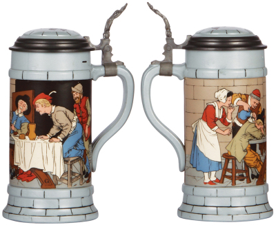 Two Mettlach steins, .5L, 2090, etched, by H. Schlitt, inlaid lid, small dent on pewter rim, body mint; with, .5L, 2880, etched, by F. Quidenus, inlaid lid, mint. - 3