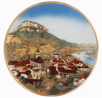 Mettlach plaque, 17.4'' d., 2517, etched, Königstein, chip on rear rim, gold wear.