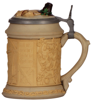 Mettlach stein, .5L, 328, relief, earlyware, by L. Foltz, inlaid lid, number worn, otherwise mint. - 2