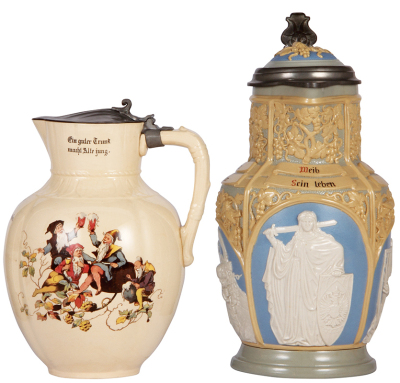 Two Mettlach steins, 2.7L, 10.1'' ht., 1031[2332] PUG, pewter lid, mint; with, 3.1L, 13.0'' ht., 6, relief, inlaid lid, mint.