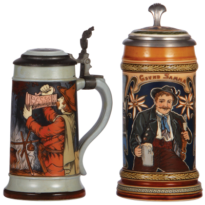 Two Mettlach steins, .5L, 2922, etched, inlaid lid, body crack repaired; with, .5L, 2745, etched, inlaid lid is a new replacement, body mint.