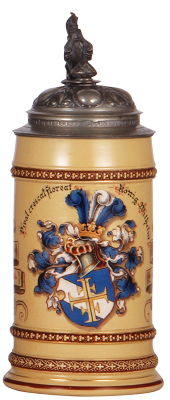 Mettlach stein, .5L, 385, hand-painted, Vivat crescat Floreat Konig Wilhelm, 4F Turner, pewter lid dated 1889, mint.