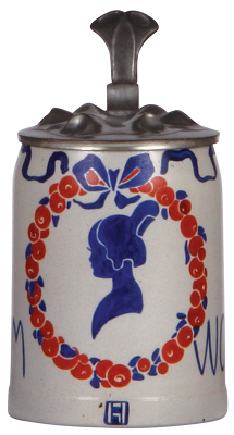 Stoneware stein, .5L, hand-painted, marked M. & W. Gr. M., Sch. 66, signed L. Hohlwein, pewter lid, mint.