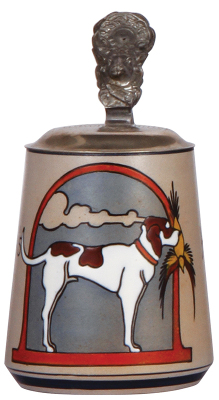 Stoneware stein, .5L, transfer & hand-painted, marked D82, by Ludwig Hohlwein, pewter lid, excellent pewter repair, otherwise mint.