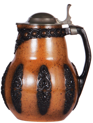 Stoneware stein, 11.3'' ht., relief, marked R. Merkelbach, 3033, design by Joseph Breiden, pewter dent, body mint.