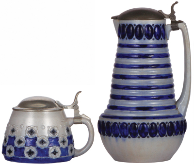 Two stoneware steins, .5L, relief, blue salt glaze, marked M. & W. Gr., 3246, pewter lid, good pewter repair, otherwise mint; with, 2.0L, 11.4" ht., relief, marked Gerz 1665, blue salt glaze, artist Paul Wynand, pewter lid, mint.