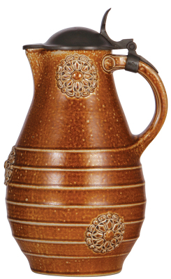 Stoneware stein, 2.0L, 12.2'' ht., relief, marked Reinhold Merkelbach 2186, brown salt glaze, pewter lid, mint.