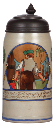 Stoneware stein, 1.0L, transfer & hand-painted, marked B. T. M., by F. Ringer, pewter lid, mint.