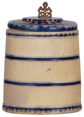 Stoneware stein, 5.2'' ht., late 1700s, Westerwälder Walzenkrug, rare stoneware lid, metal mount c.1850, excellent repair of lid, body good condition.