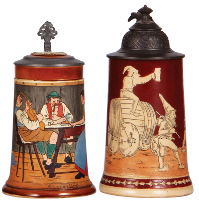 Two pottery steins, .5L, etched, by J. Remy, 730, inlaid lid, mint; with .5L, etched, marked H.R., 415, by Hauber & Reuther, gnomes, pewter lid, mint.