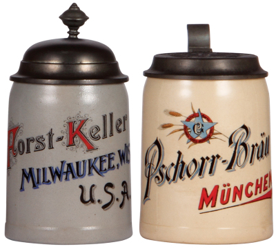 Two steins, stoneware, .4L, transfer & hand-painted, Horst-Keller Milwaukee U.S.A., pewter lid, mint; with, .5L, pottery, transfer & hand-painted, Pschorr-Bräu München, pewter lid, marked Pauson München, mint.