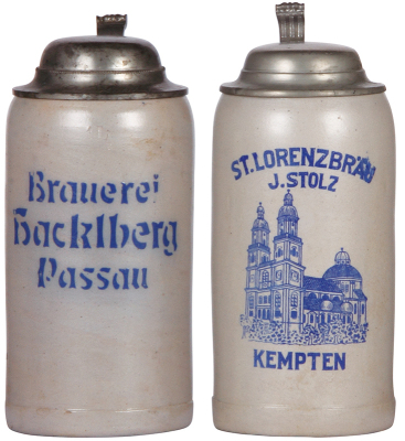 Two stoneware steins, 1.0L, transfer Brauerei Hacklberg, Passau, pewter lid, mint; with, 1.0L, transfer, St. Lorenzbräu, J. Stolz, Kempten, pewter lid, mint.