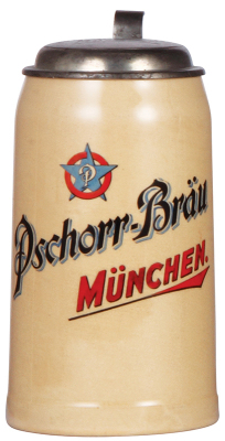 Stoneware stein, 1.0L, transfer & hand-painted, marked Wick Werke, Pschorr Bräu, München, pewter lid: Pschorr Bräu, München, mint.