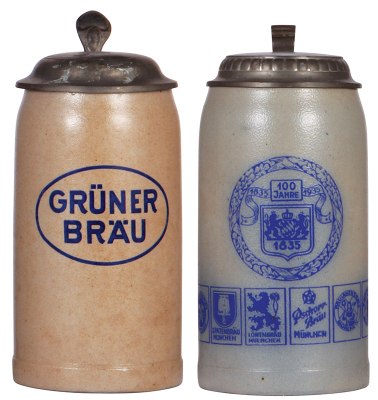 Two stoneware steins, 1.0L, transfer & hand-painted, Grüner Bräu, pewter lid, lid dent, otherwise mint; with, 1.0L, transfer & hand-painted, 100 Jahre 1835 - 1935, Breweries München, pewter lid, mint.