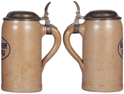 Two stoneware steins, 1.0L, transfer & hand-painted, Grüner Bräu, pewter lid, lid dent, otherwise mint; with, 1.0L, transfer & hand-painted, 100 Jahre 1835 - 1935, Breweries München, pewter lid, mint. - 2