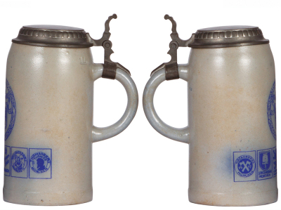 Two stoneware steins, 1.0L, transfer & hand-painted, Grüner Bräu, pewter lid, lid dent, otherwise mint; with, 1.0L, transfer & hand-painted, 100 Jahre 1835 - 1935, Breweries München, pewter lid, mint. - 3