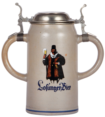 Stoneware stein, 3.0L, 12.0'' ht., transfer & hand-painted, Losunger - Bier, rare double handle, two pewter lids, excellent pewter strap repair on one lid, body mint.