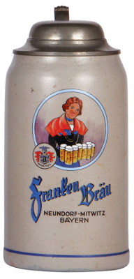 Stoneware stein, 2.0L, 10.4'' ht., transfer & hand-painted, marked XXX, Franken Bräu Neundorf - Mitwitz Bayern, pewter lid, marked G. Engel Coburg, mint.