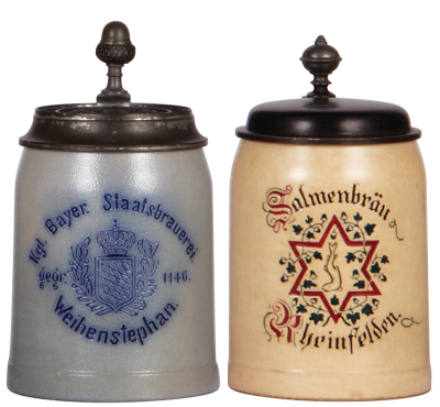 Two steins, stoneware, .5L, marked M. & W. Gr., incised, Kgl. Bayer. Staatsbrauerei Weihenstephen, matching relief pewter lid; with, .4L, pottery, incised, Salmenbräu Rheinfelden, pewter lid is new replacement, base flake.