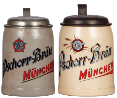 Two steins, stoneware, .4L, transfer & hand-painted, marked Wick Werke, Pschorr- Bräu München, pewter lid: Pschorr - Bräu München; with, .5L, pottery, marked M. & W. Gr., Pschorr - Bräu München, pewter lid: Pschorr Bräu München, both mint.