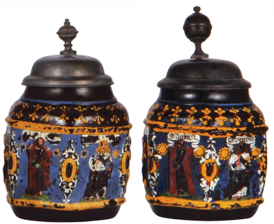 Two ceramic steins, .25L., relief, c. 1900, Creussen, Apostles, pewter lid, color wear; with, .25L., relief, c. 1900, Creussen, Apostles, pewter lid, color wear, thumblift re-attached.