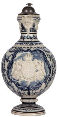 Porcelain stein, 2.5L, 15.5'' ht., relief and hand-painted, marked A. Klammerth Znaim, elaborate design, coat-of-arms, pewter lid, pedestal break repaired with pin, base hairline.